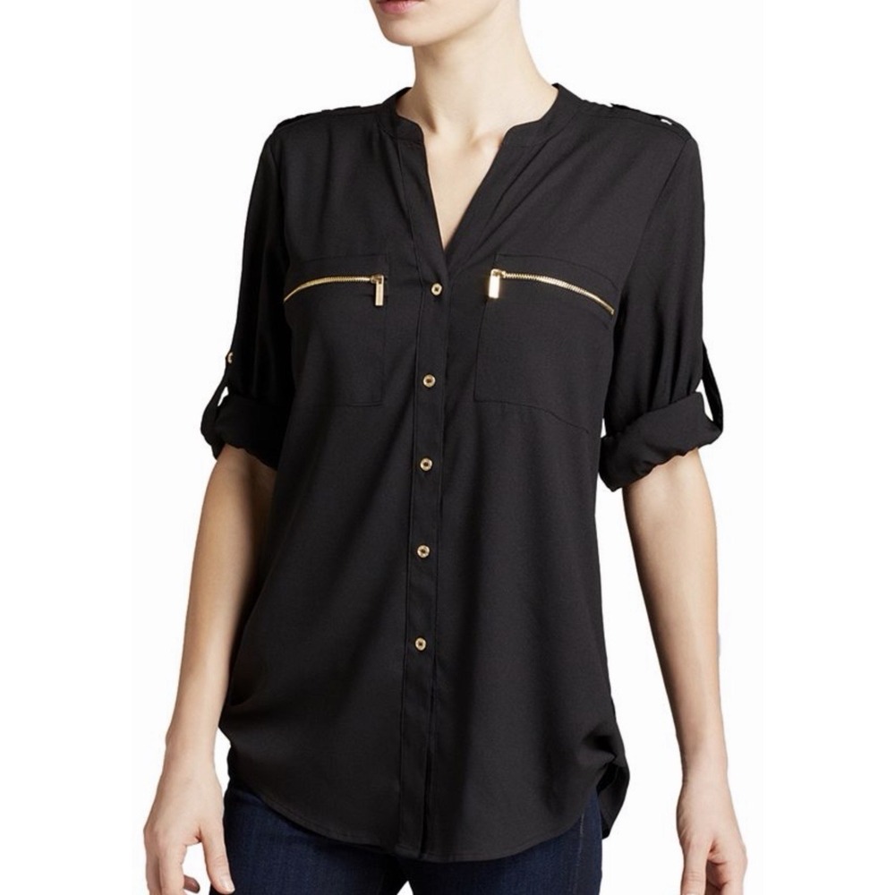 Calvin Klein Zip Pocket Blouse Sz M Button Front Career Office Roll Tab Sleeve